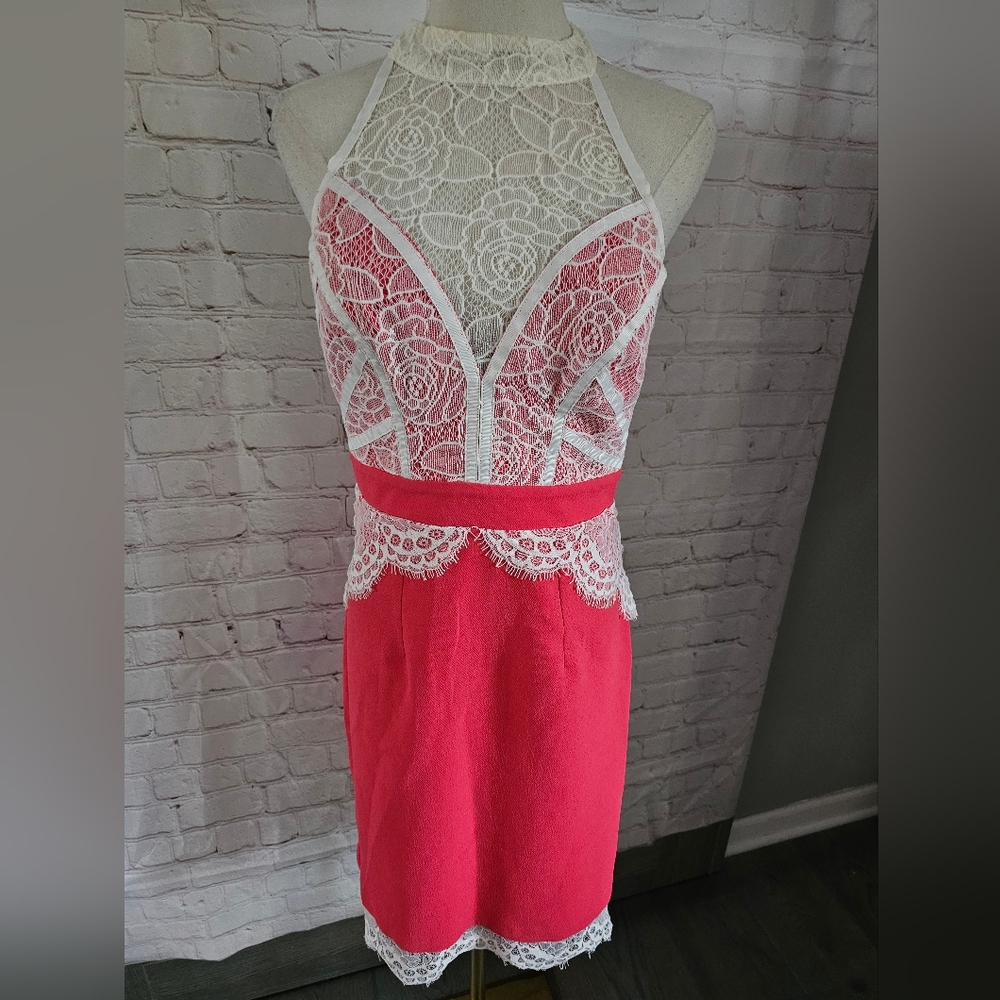 Lipsy London Lace Detail Sleeveless Dress | Coral | UK 10/S 6 | EUC